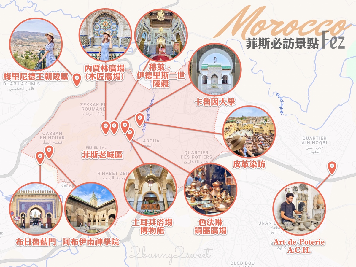 摩洛哥【菲斯景點】一日遊攻略：老城迷宮、皮革染坊、藍門與千年古城散步地圖 @兔兒毛毛姊妹花